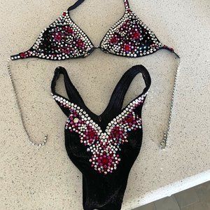 NPC Figure Competition Suit - Black Velvet with Clear & Rose Swarovski Crystals